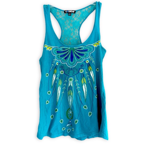 2010s Teel Graphic Feather Necklace Lace Tank Top - Picture 1 of 8